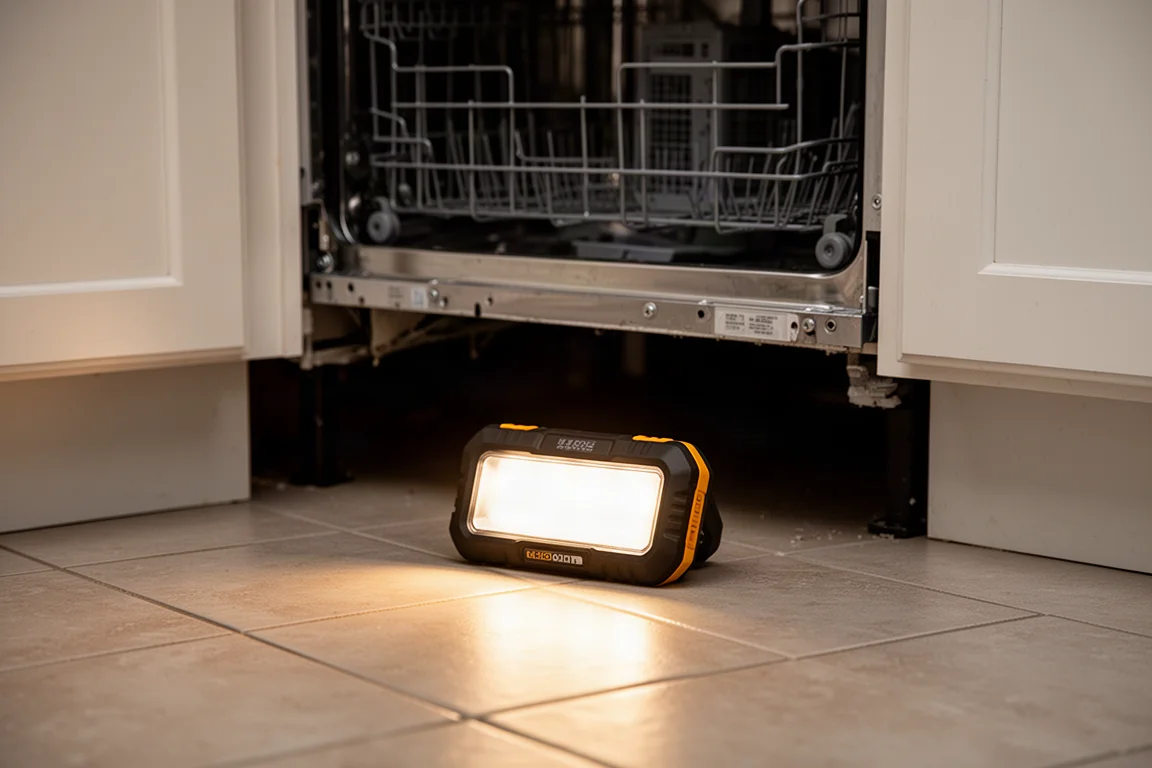 Luminária de trabalho apoiada rente ao piso sob um armário de cozinha iluminando um espaço escuro