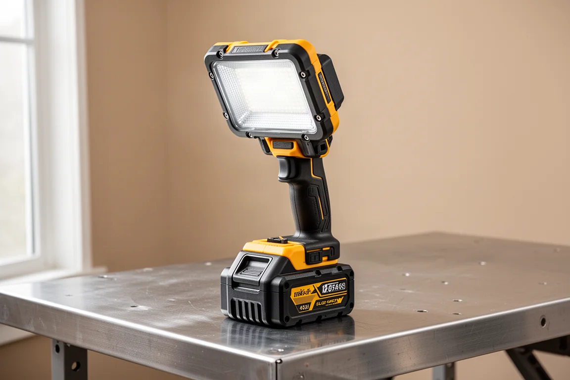 Luminária de trabalho sem fio com uma bateria grande deslizante instalada, apoiada com estabilidade em uma bancada