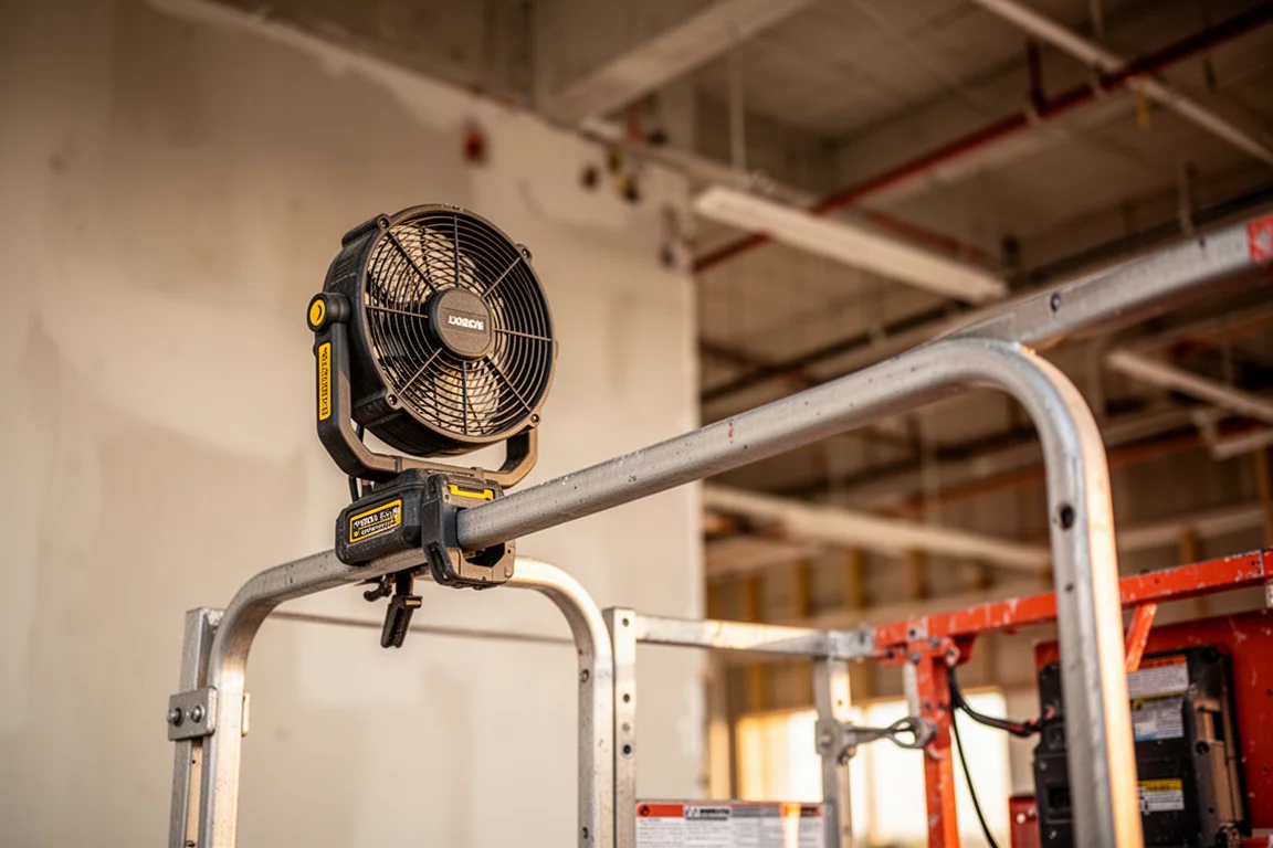 Kabelloser Baustellen-Ventilator an einer runden Metallstange auf einer Scherenbühne festgeklemmt