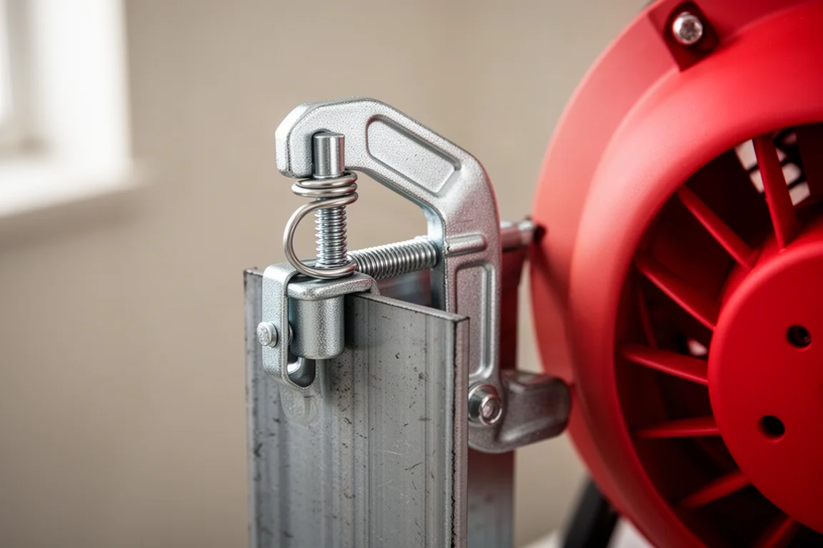Nahaufnahme des Klemmmechanismus des Ventilators, der ein Winkelprofil greift