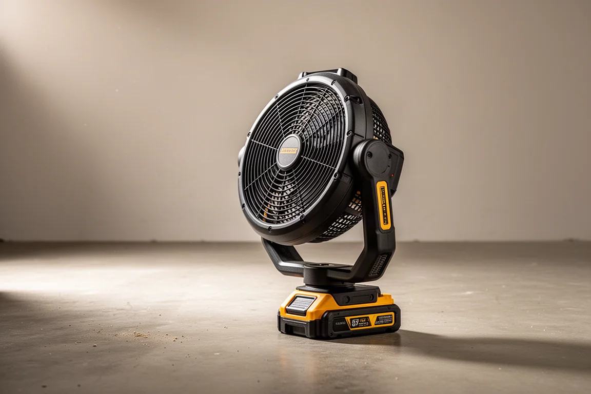 Ventilatorkopf an seiner Halterung geschwenkt, mit Blick auf die Luftstromrichtung