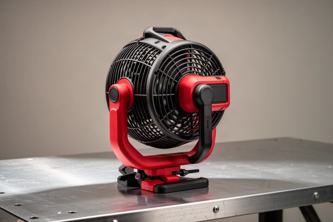Ventilatore da cantiere rosso e nero a batteria su una panca di lavoro in metallo spazzolato