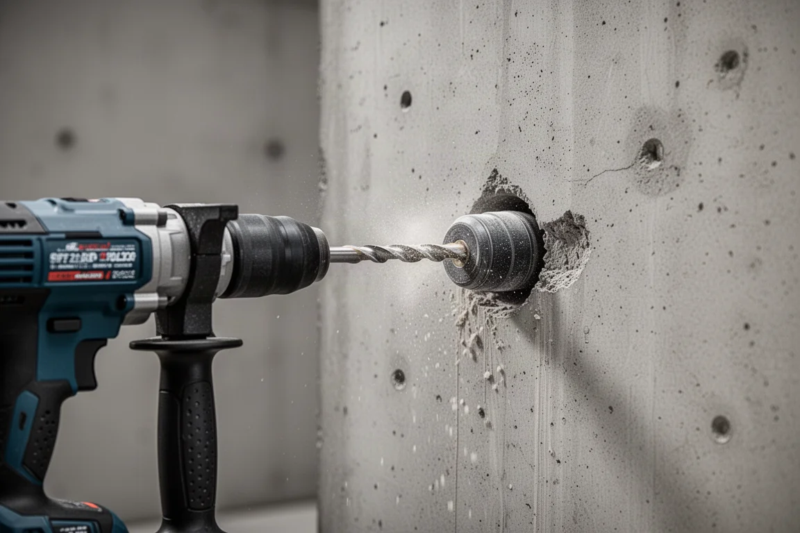 Cordless rotary hammer drilling into concrete with dust settling around the bit