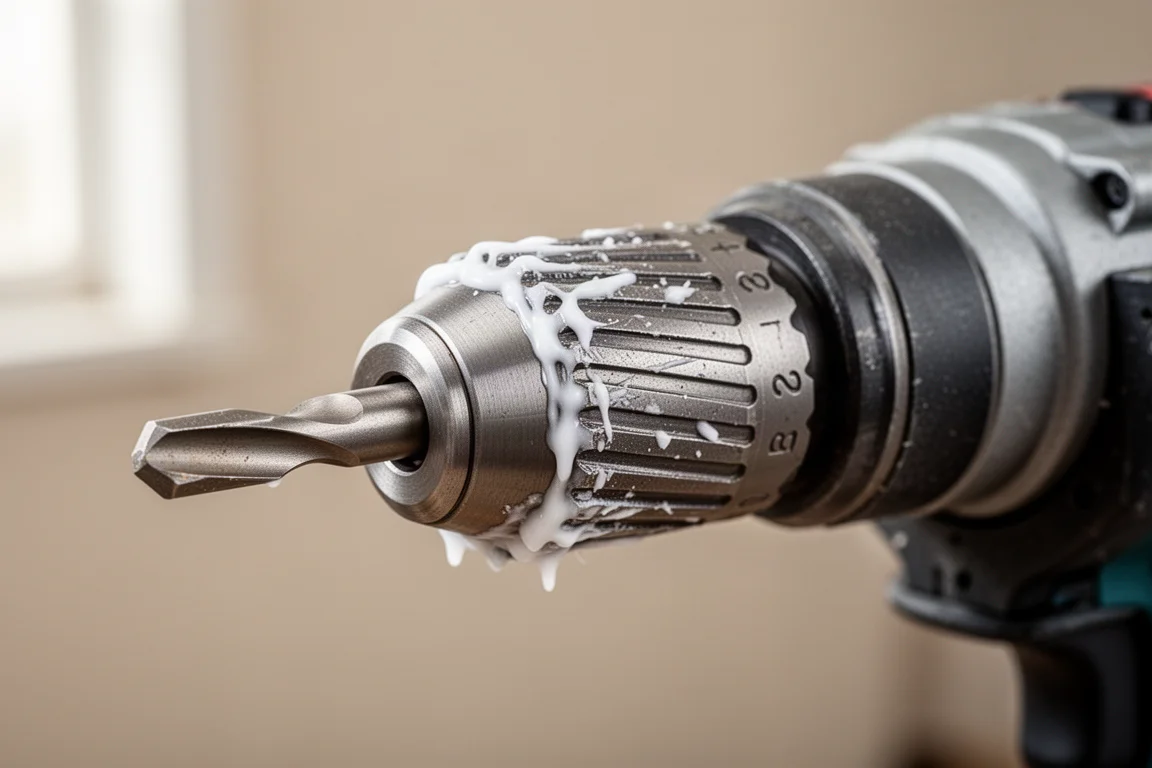 Close-up of an SDS chuck with grease around the bit holder