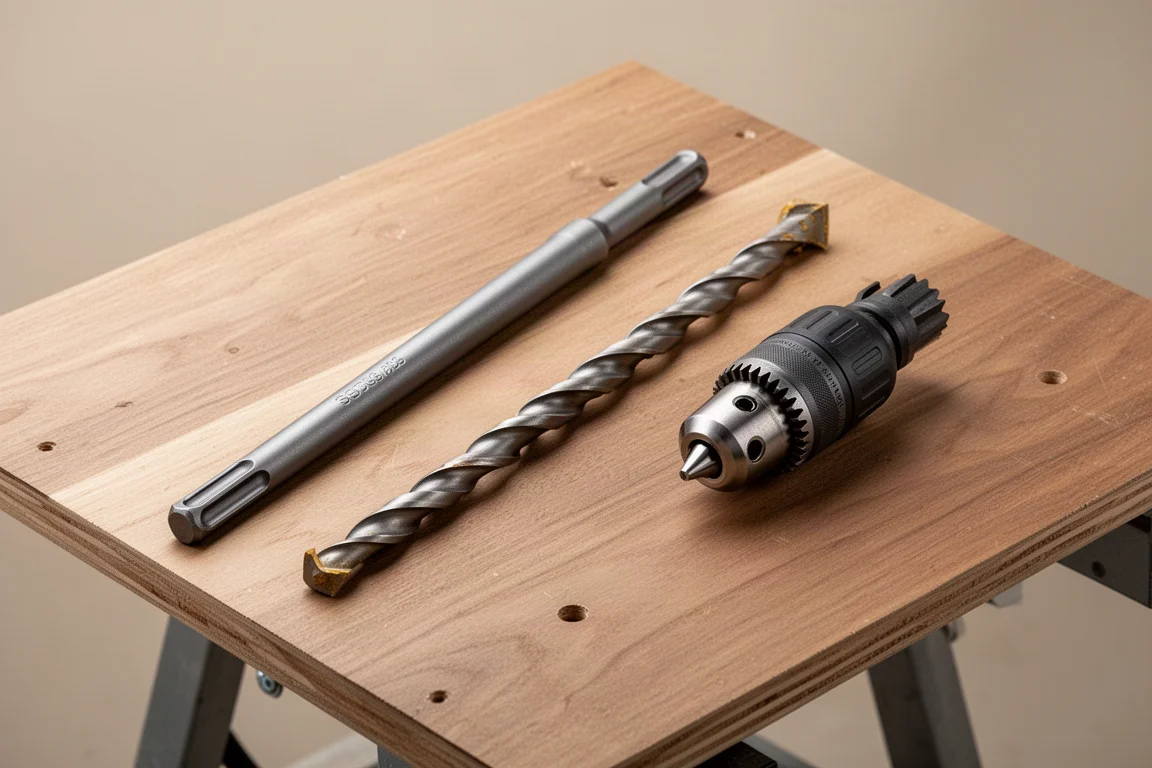 Workshop bench with an SDS extension bit, rod-driving bit and a keyed chuck laid out