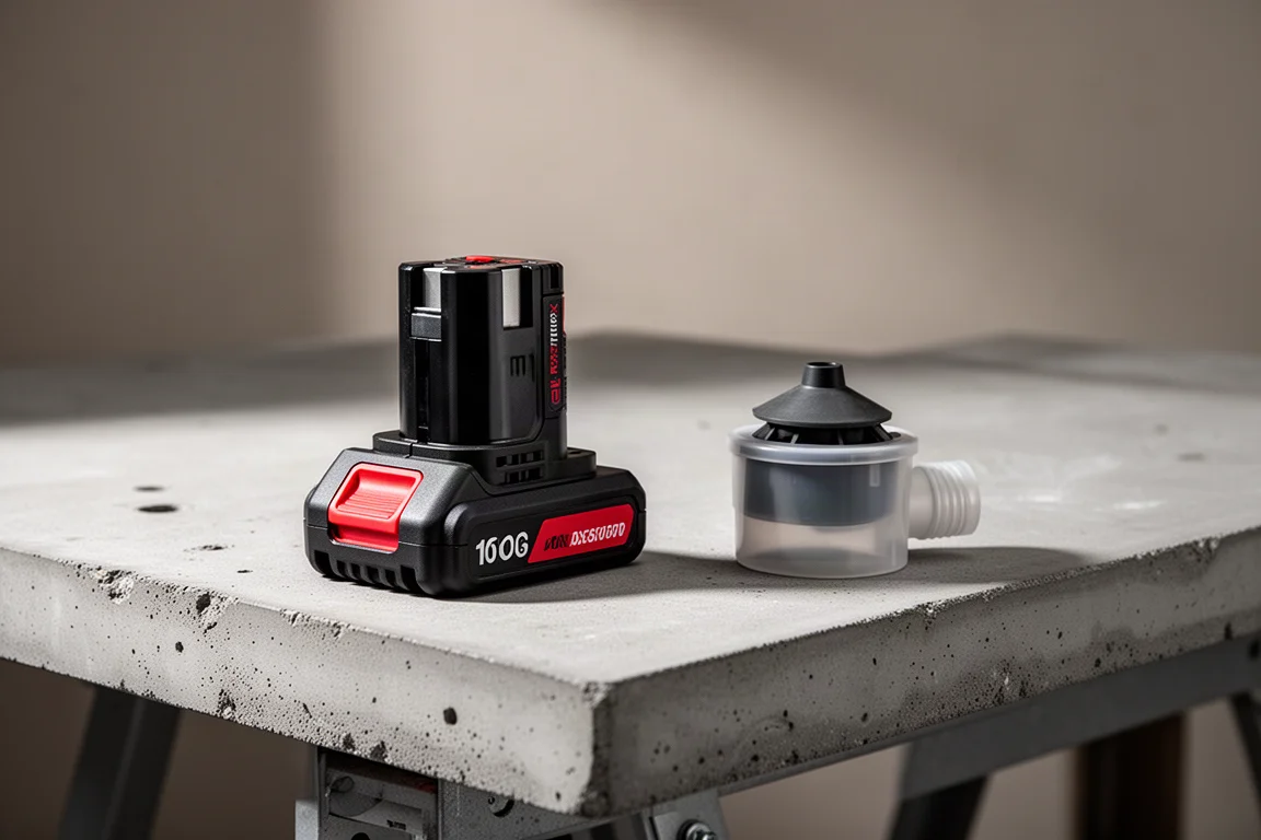 Compact cordless rotary hammer battery attached to a tool on a workbench
