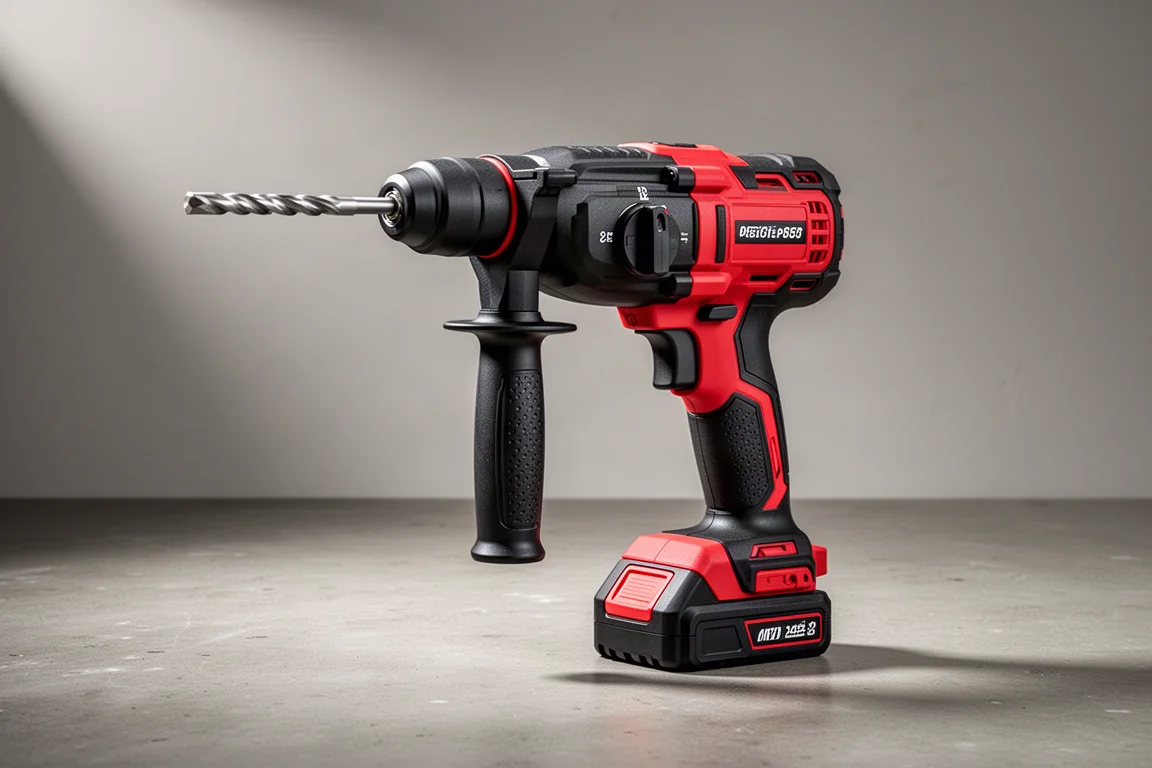 Martello rotante cordless full-size con impugnatura laterale in piedi su un pavimento di calcestruzzo