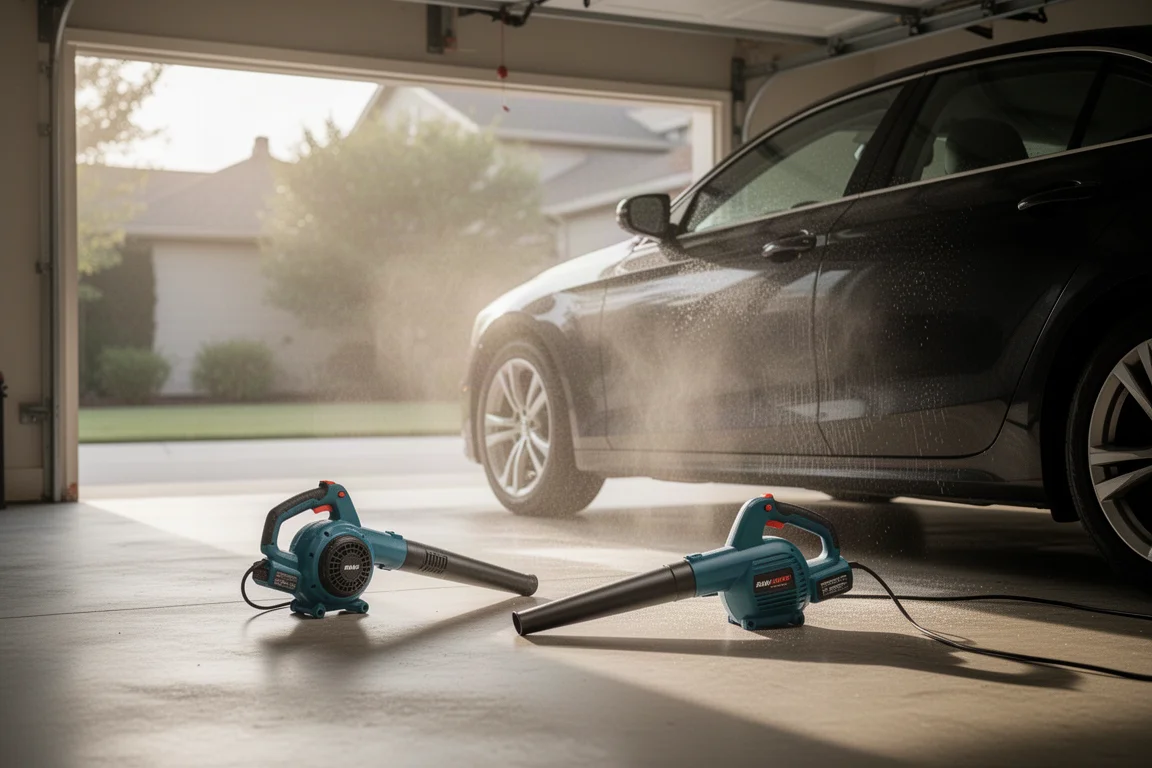 Akku-Blower auf dem Garagenboden neben einem geparkten Auto
