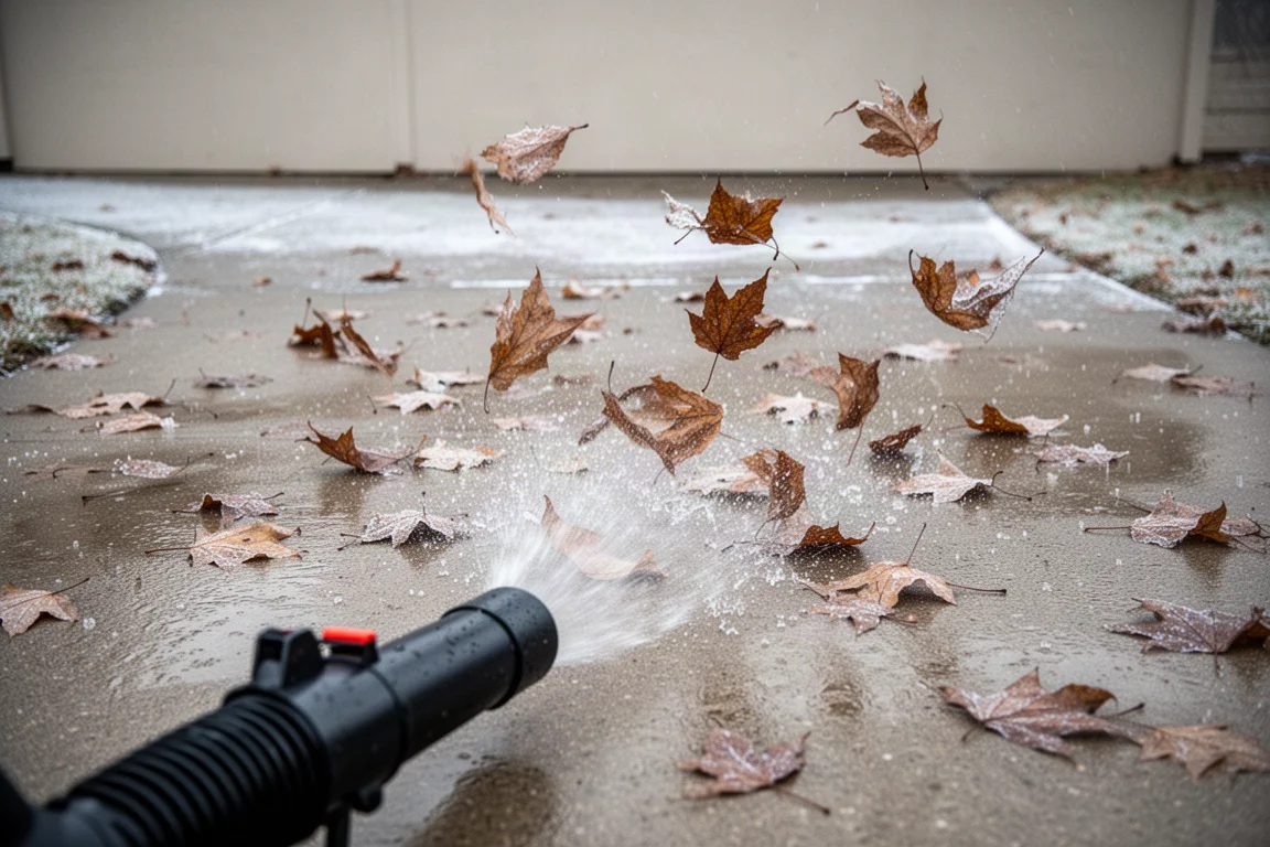 Blower entfernt bei kaltem Wetter nasses, gefrorenes Laub von einer Einfahrt