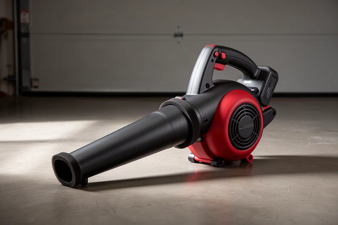 Milwaukee M18 single battery cordless leaf blower on a concrete garage floor