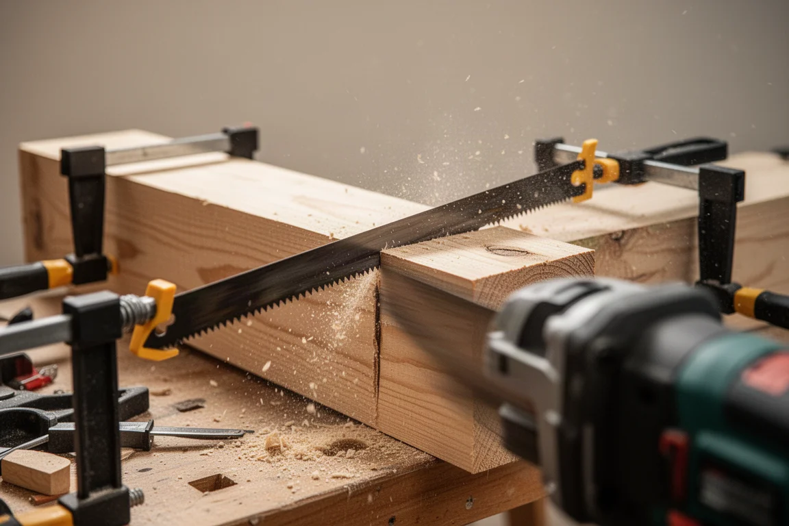 Ein 4x4-Holzbalken mitten im Schnitt, Sägemehl spritzt aus der Sägeblattkerbe