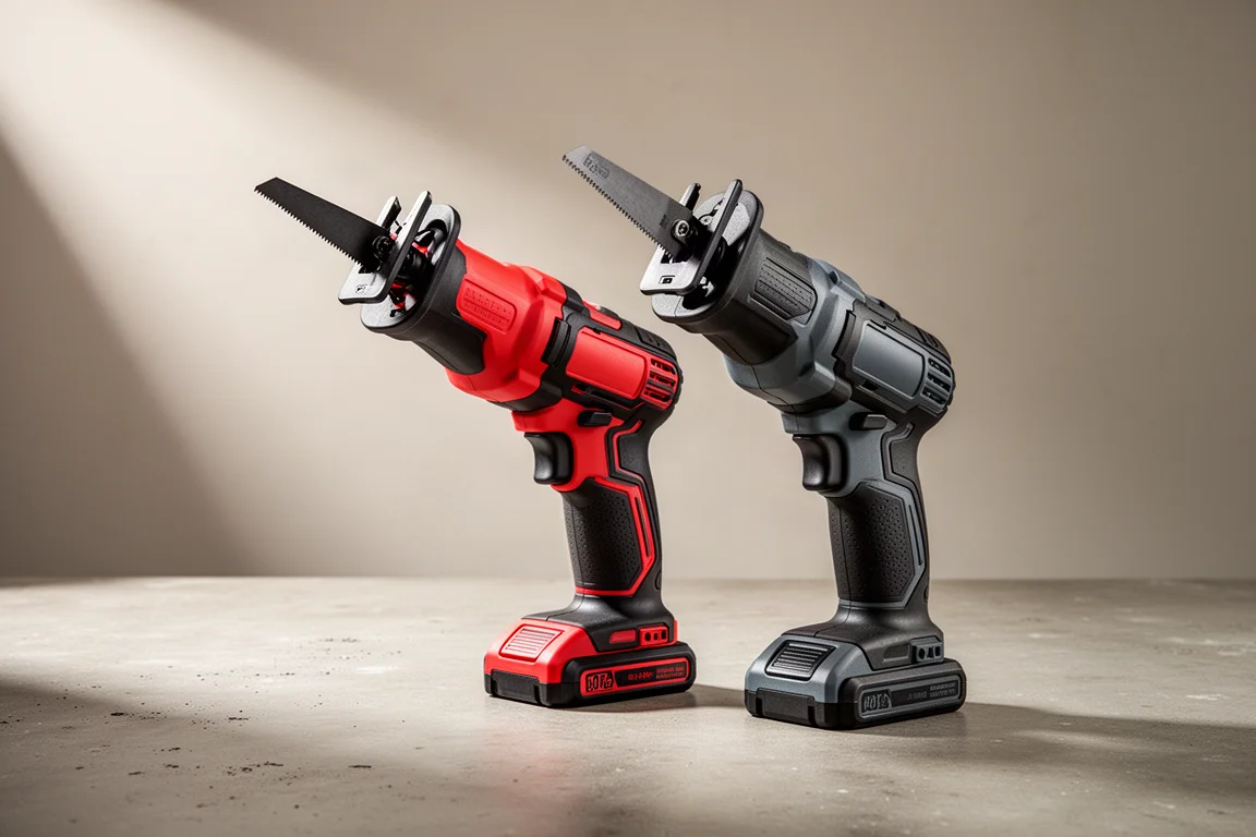Two cordless reciprocating saws standing on a concrete workshop surface