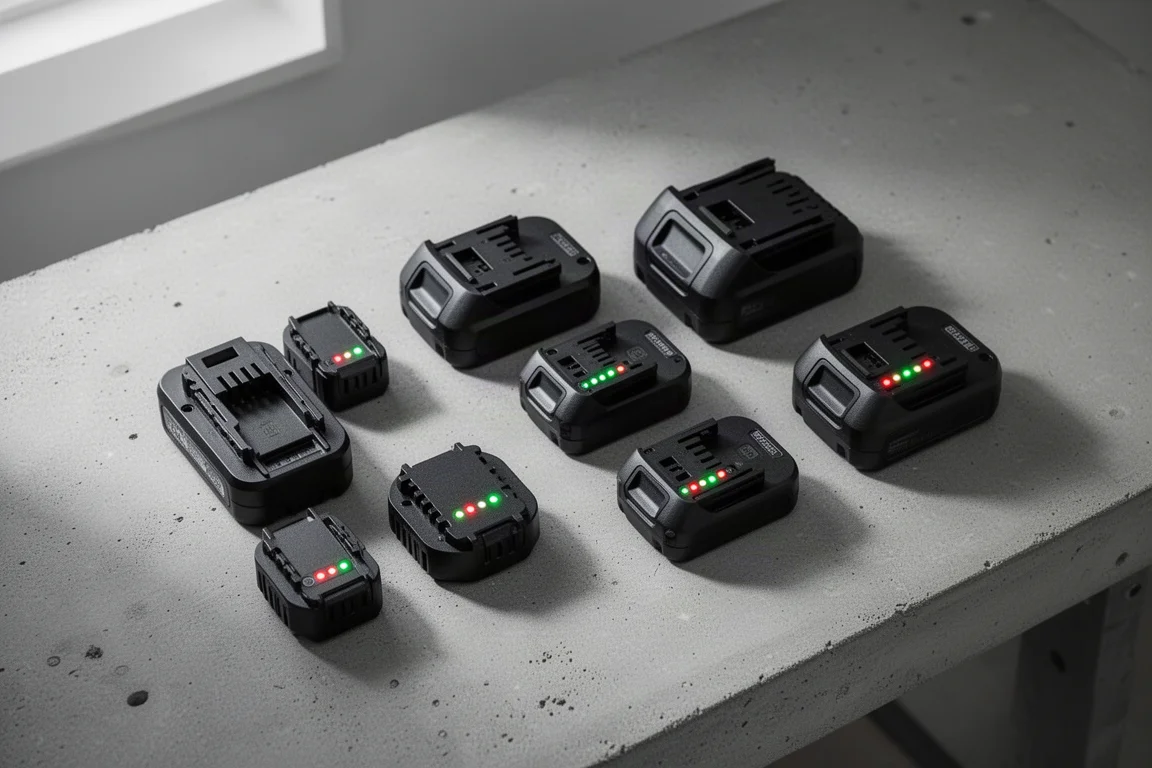 Batterie per utensili a batteria allineate su un banco di lavoro con le spie di ricarica visibili
