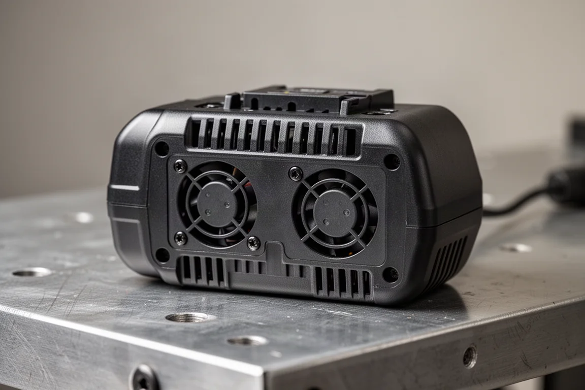 Primo piano delle griglie di ventilazione sulla parte inferiore di un caricabatterie