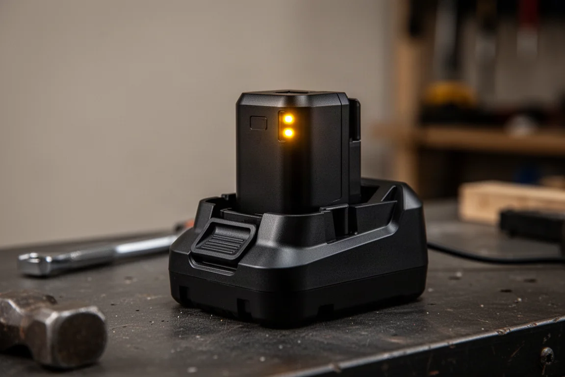 Pacco batteria per utensili sul caricabatterie con spie verdi che indicano una carica quasi completa
