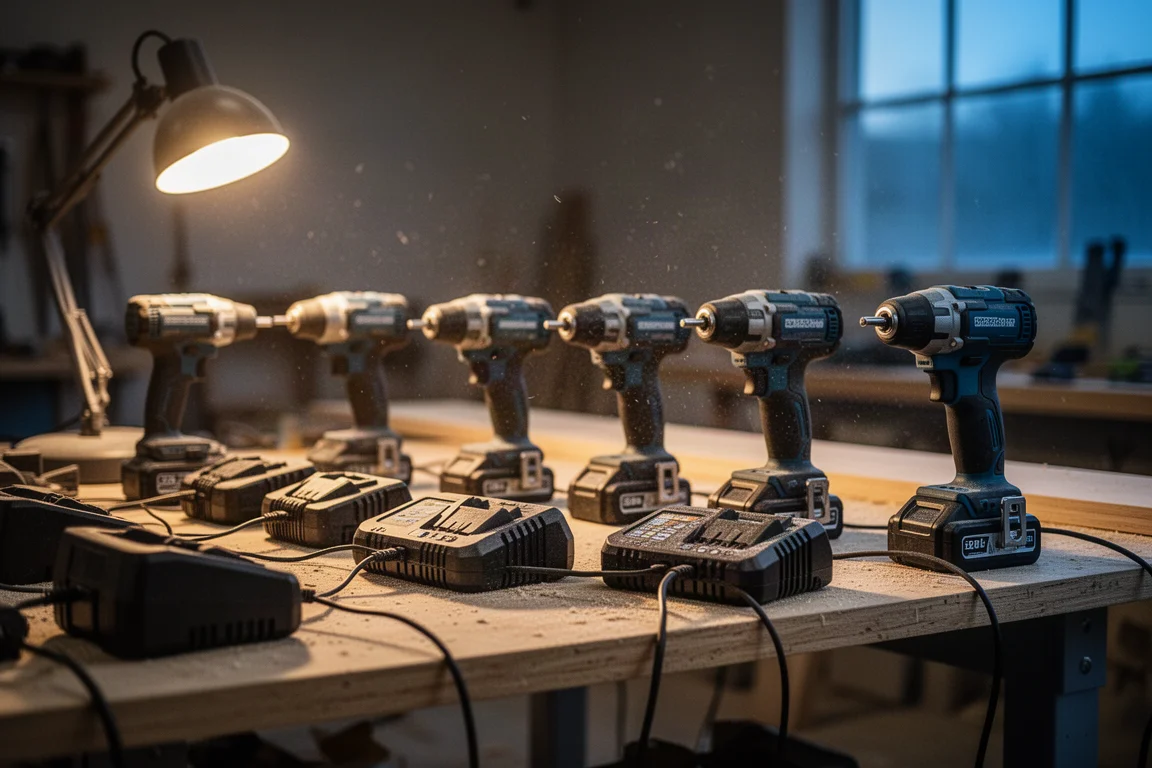 Cantiere animato con utensili elettrici e batterie in uso quotidiano