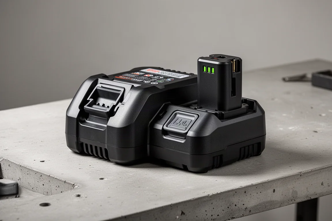 Milwaukee M18 Supercharger with a battery pack on a concrete workbench