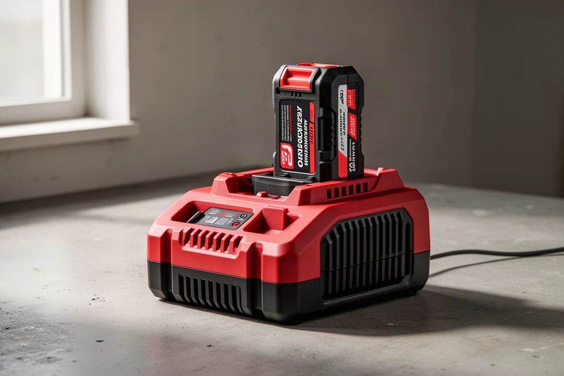 Milwaukee M18 Supercharger unit with a large battery pack docked on a concrete surface