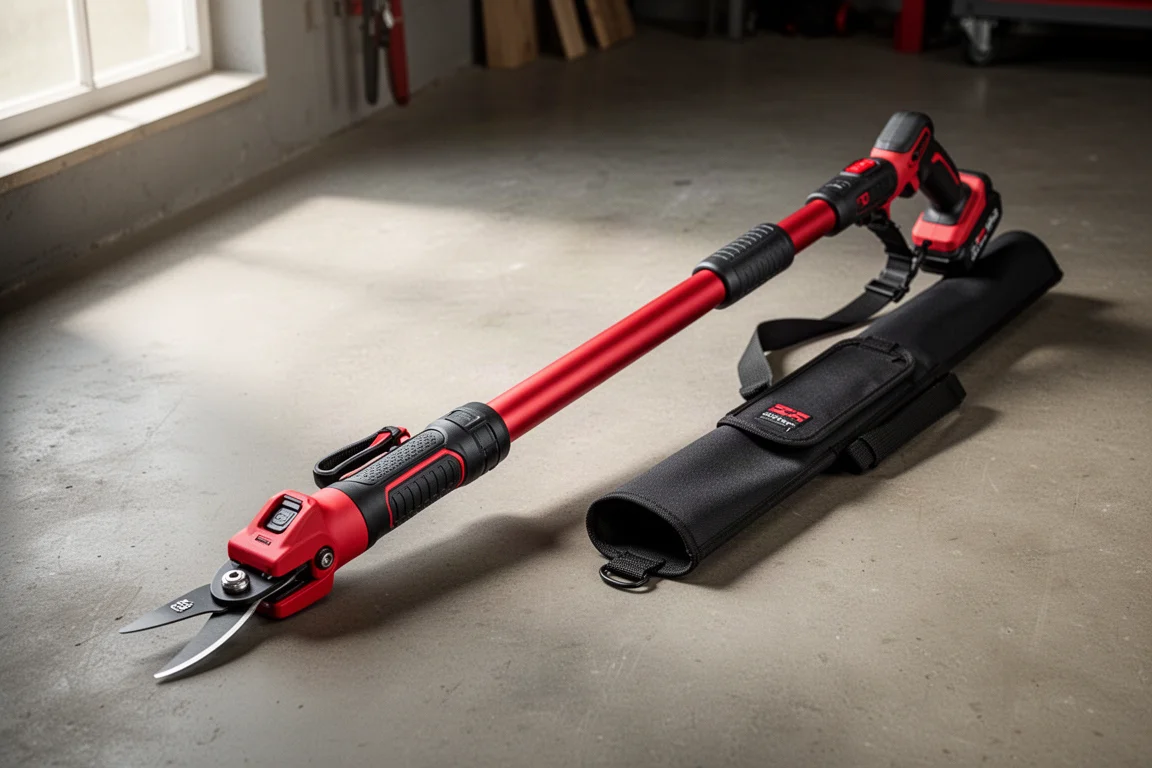 Milwaukee M18 telescoping pole pruning shear laid diagonally on a concrete floor