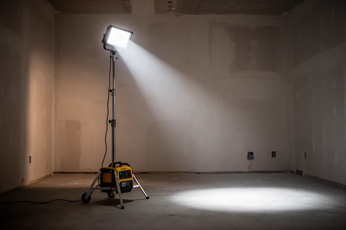 Torre luminosa portatile che illumina un cantiere in penombra