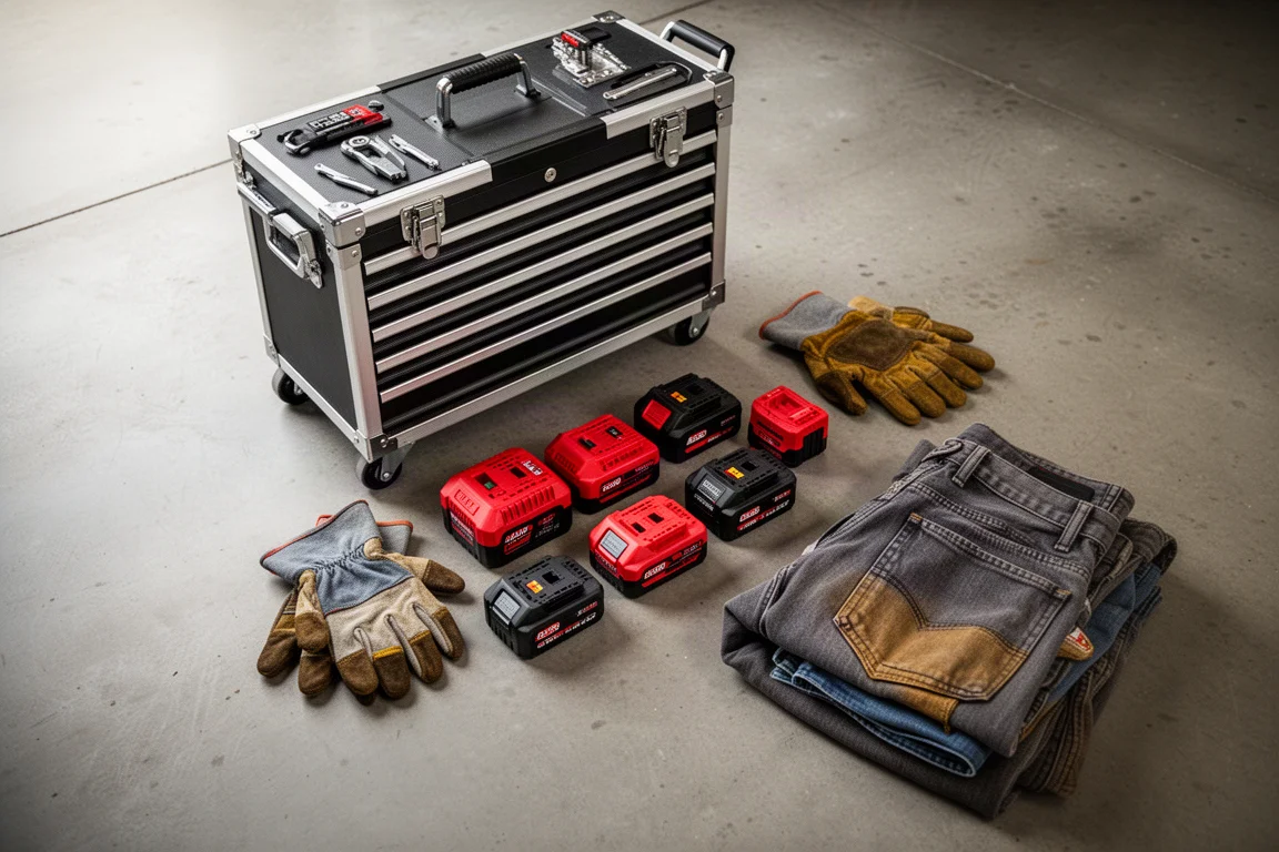 Garage organizzato con attrezzi e pacchi batteria pronti all'uso