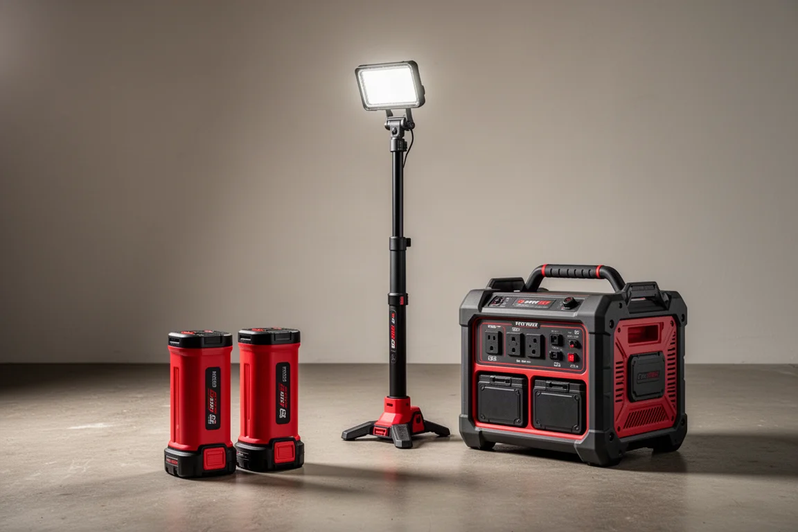 Battery two-pack, tower light, and portable power supply arranged on concrete