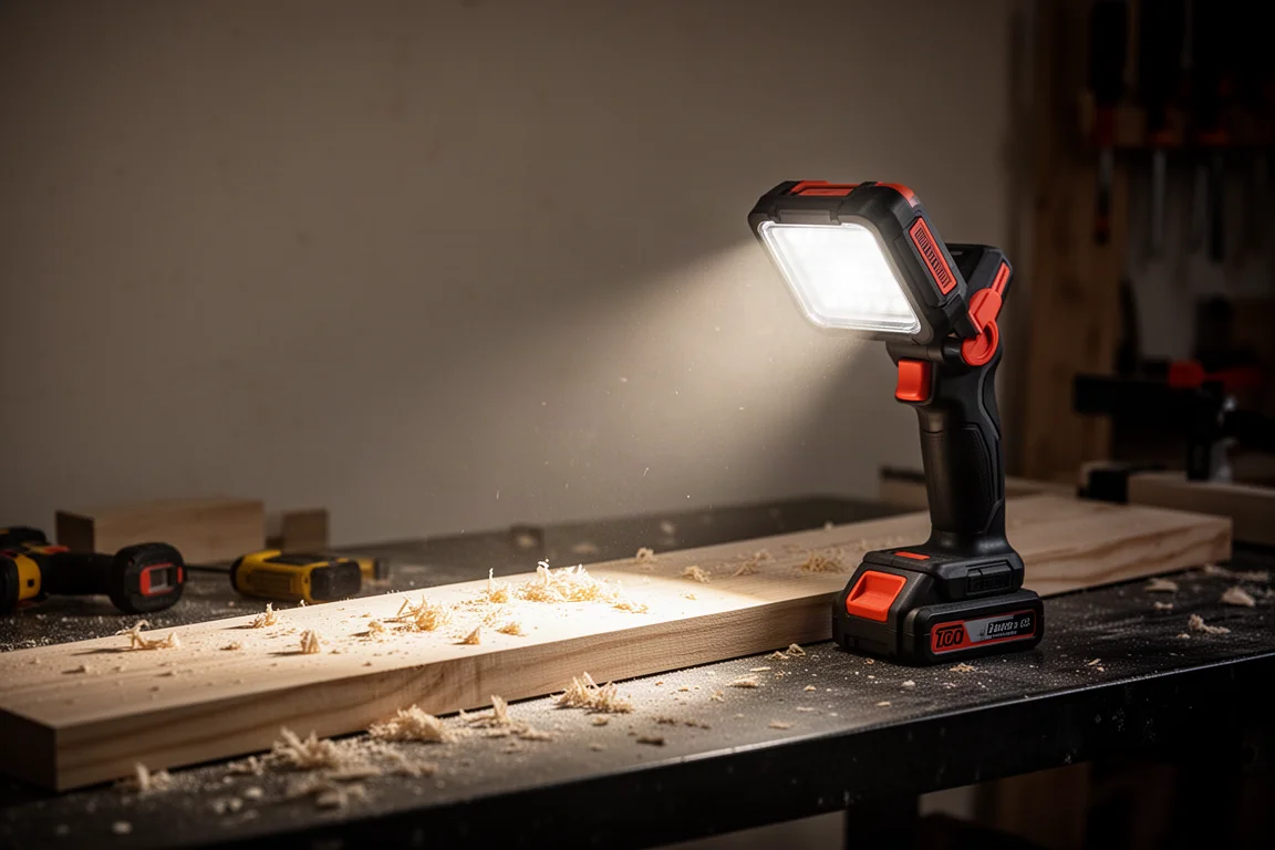 Luz de trabajo LED inalámbrica sobre un banco de trabajo proyectando un haz brillante en un taller con poca luz