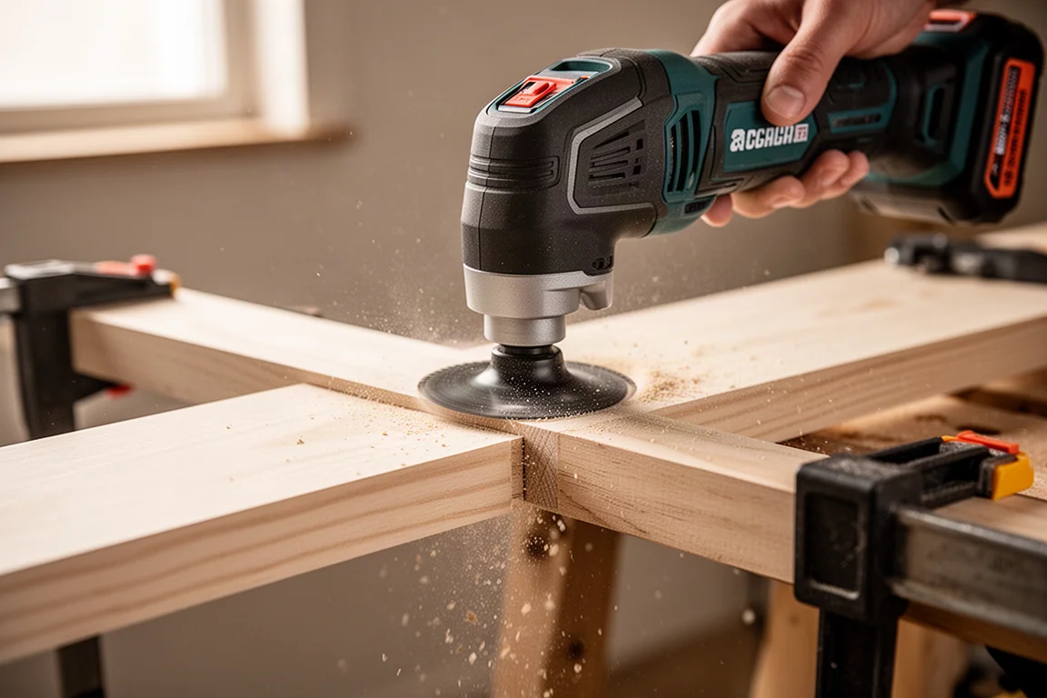 Multiherramienta oscilante compacta haciendo un corte a ras en una tabla de madera