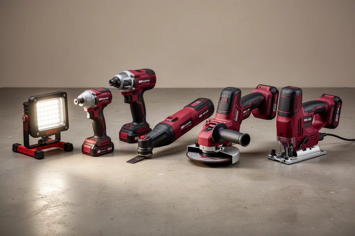 Sei utensili Milwaukee M18 a batteria disposti su un pavimento di cemento in officina
