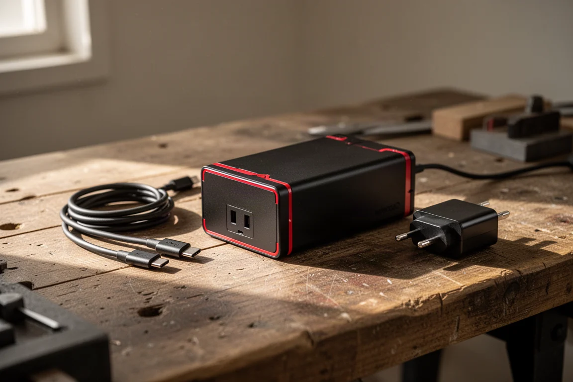 Chargeur et bloc d'alimentation compacts noir et rouge posés sur un établi