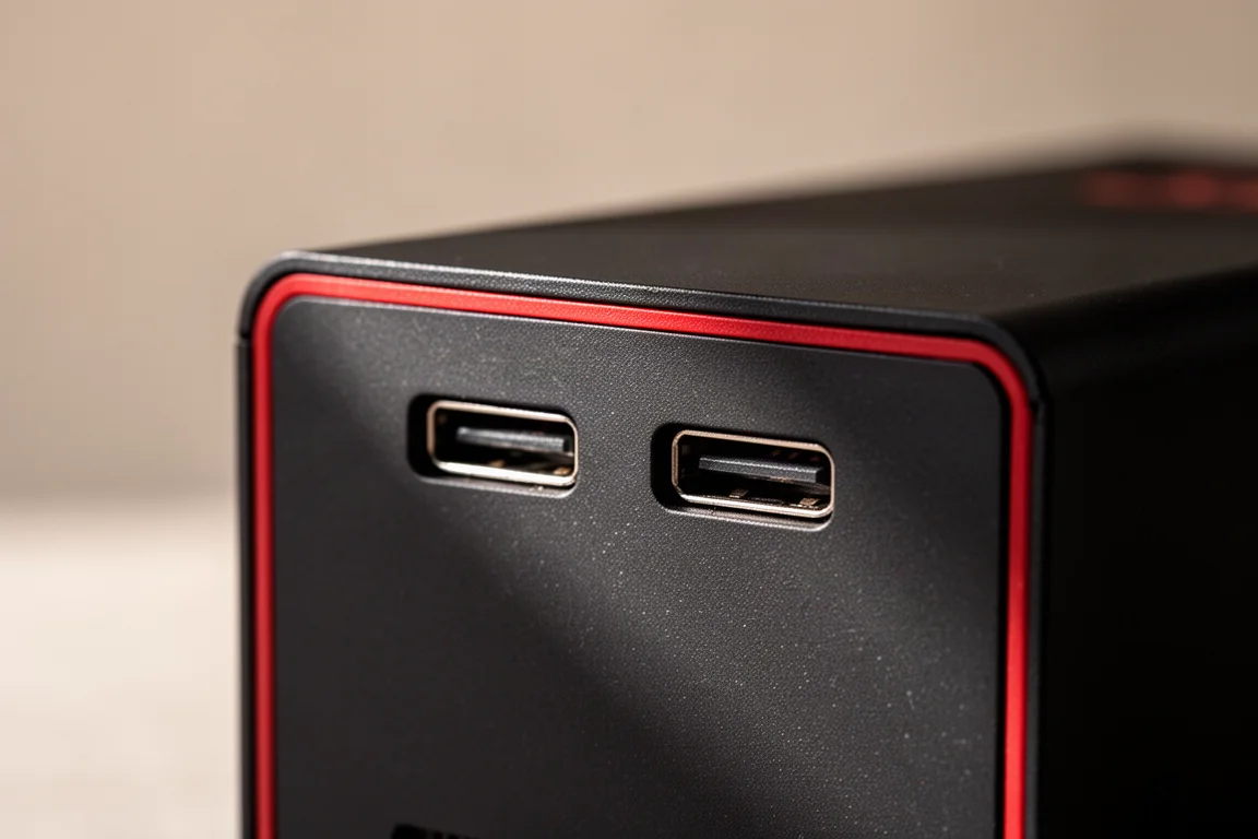 Gros plan sur deux ports USB-C à l'avant d'un bloc d'alimentation compact