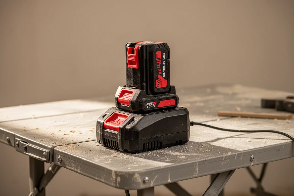 Batterie d'outil sans fil glissée dans le haut d'un chargeur compact sur une table de chantier
