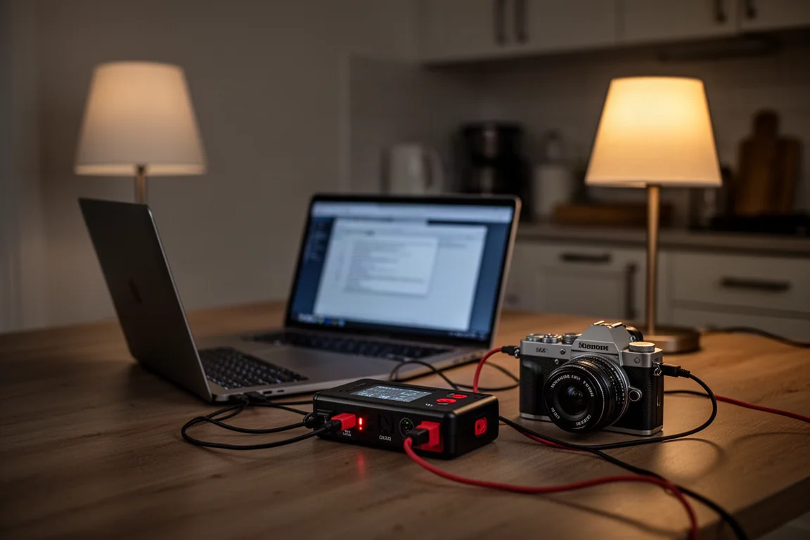Appareil photo et ordinateur portable alimentés par un bloc-batterie lors d'une panne de courant le soir à la maison