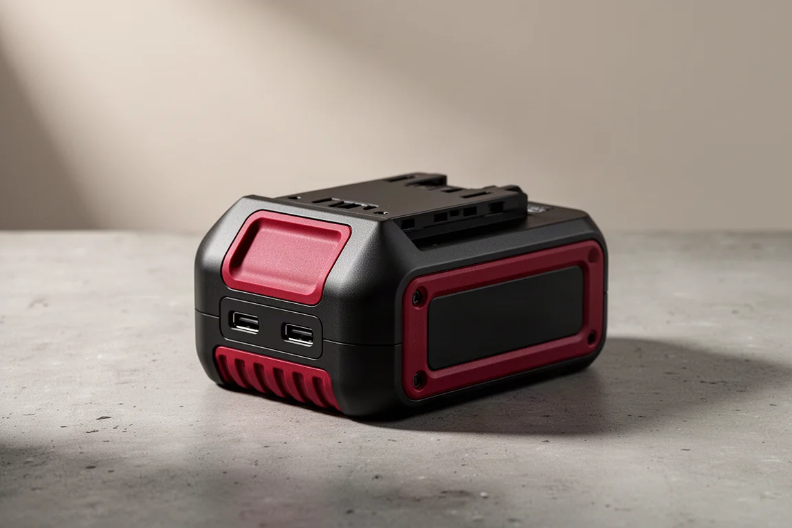 Compact black and red charger and power supply unit on a concrete workshop surface