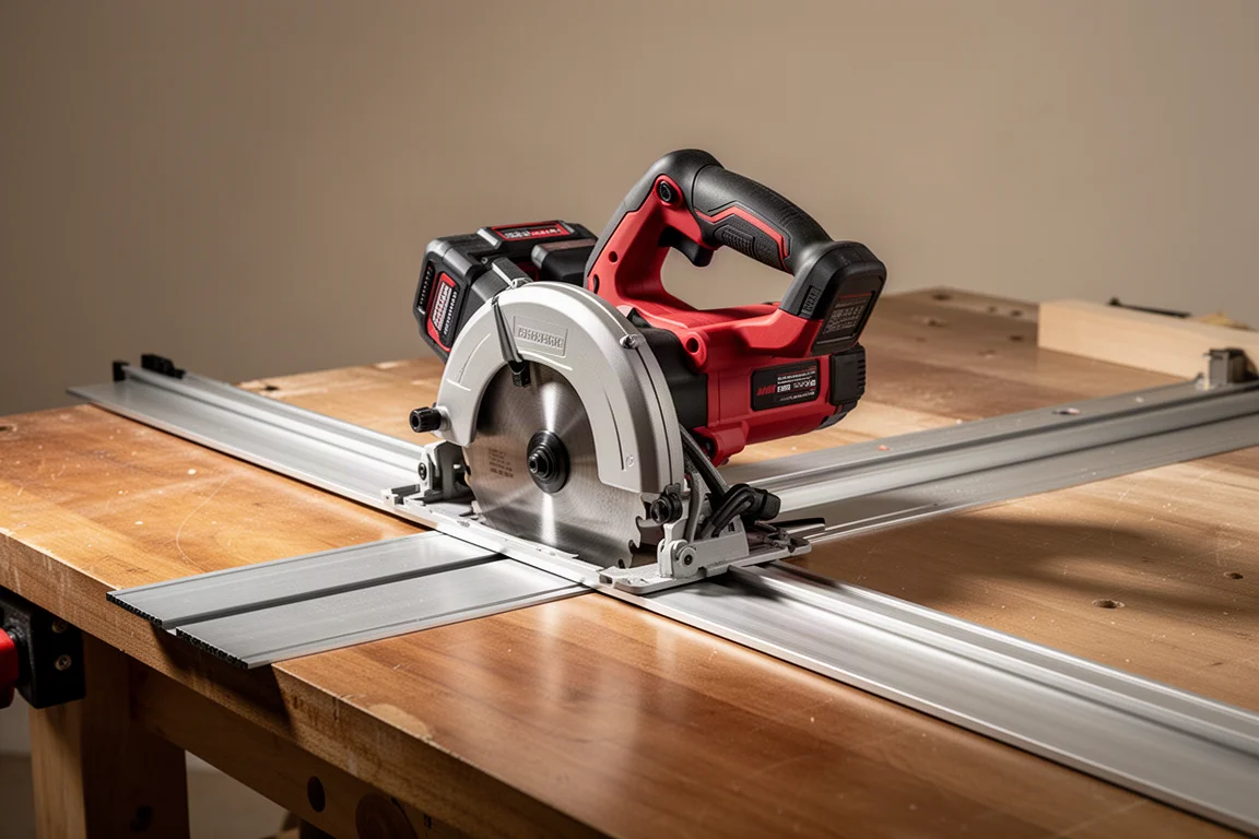 Sega da guida Milwaukee M18 senza fili appoggiata su una guida di alluminio sopra un banco da officina