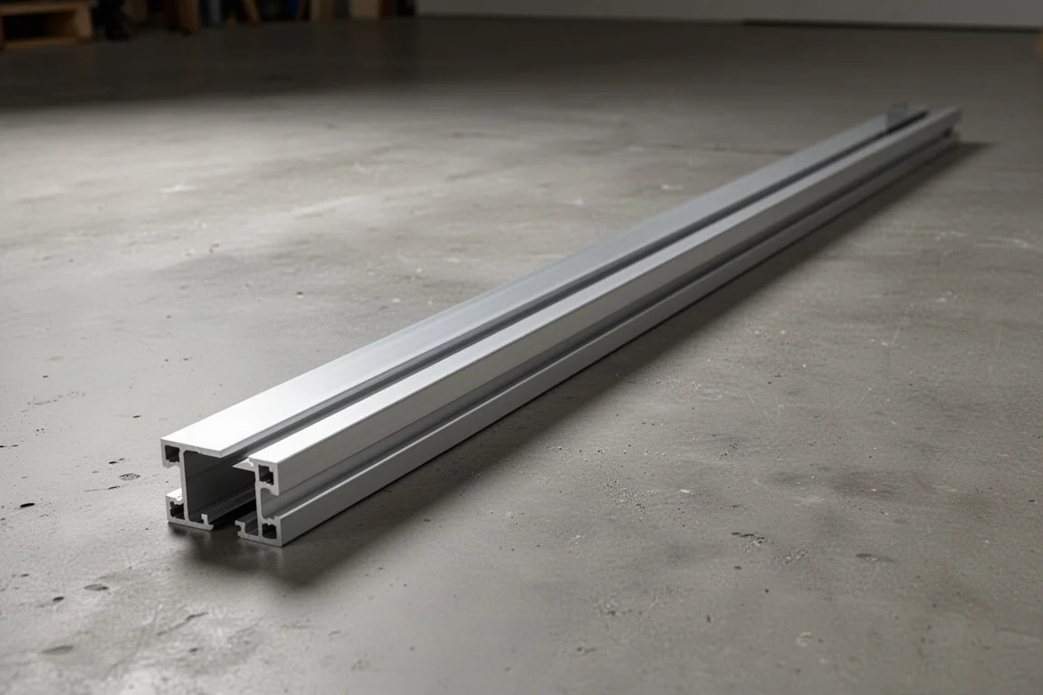 Długa srebrna aluminiowa prowadnica na podłodze warsztatu z miękkimi odbiciami światła
