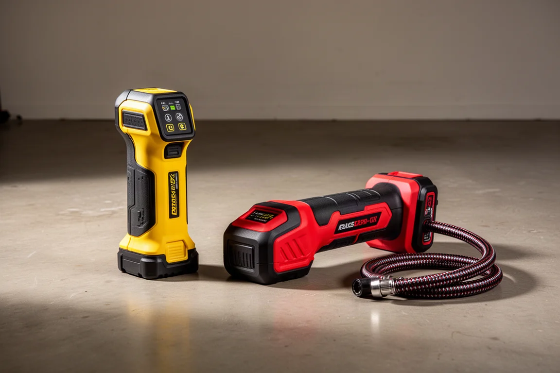 Milwaukee M18 and DeWalt 20V cordless tire inflators side by side on concrete