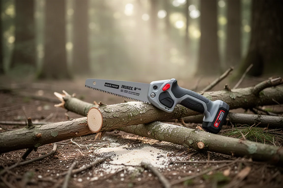 Compact cordless pruning hatchet resting on cut branches in a woodland setting