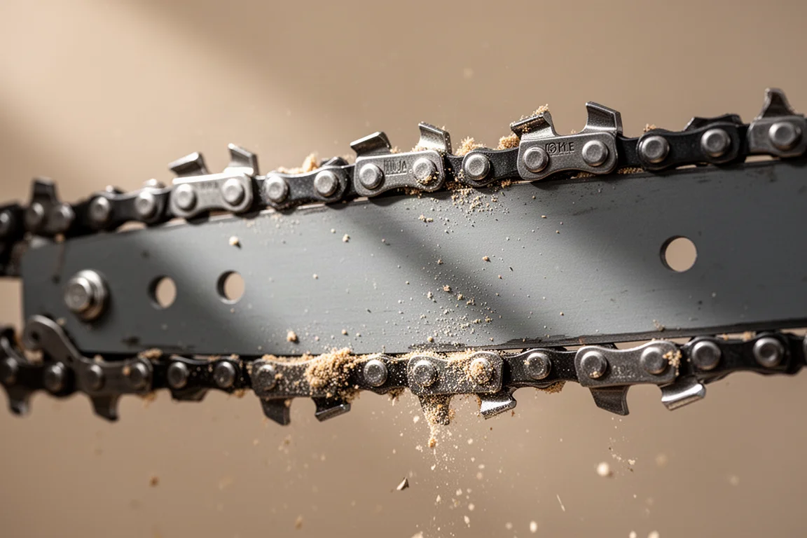 Close-up of metal bucking spikes and chain on a small chainsaw guide bar