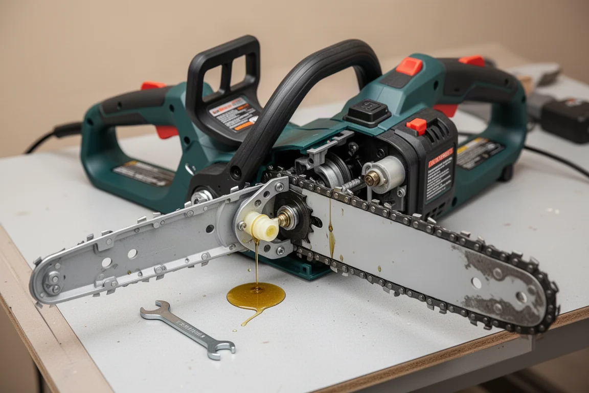 Side panel of a cordless chainsaw removed to reveal bar, tensioner and oiler