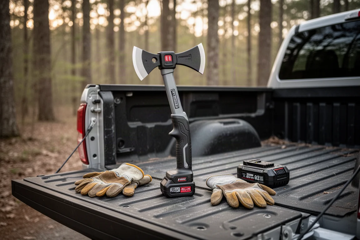 Compact hatchet saw stowed in the back of a pickup truck bed