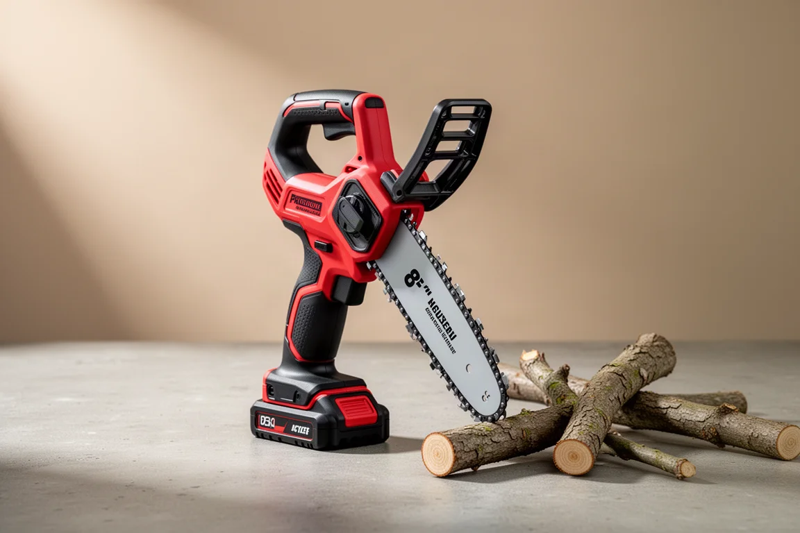 Compact cordless pruning hatchet with 8-inch bar on concrete surface with cut branches