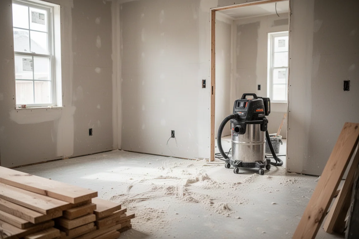 Pavimento di un'officina polverosa pulito da un aspirapolvere cordless