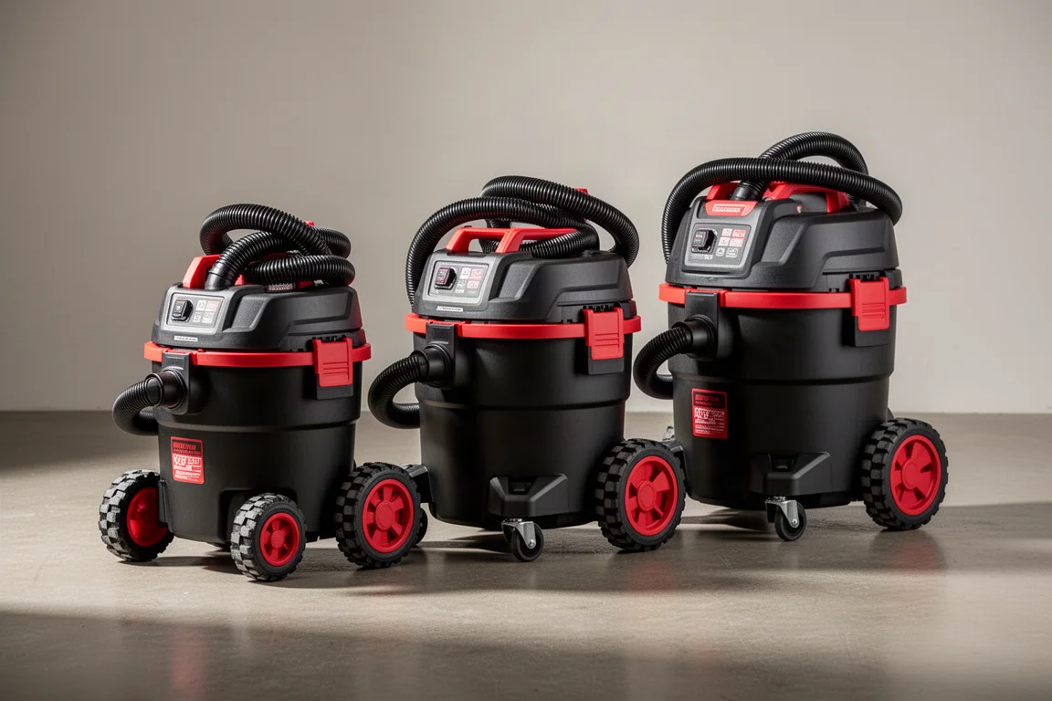 Tre aspirapolvere Milwaukee M18 Wet/Dry da 6, 9 e 12 galloni allineati su cemento