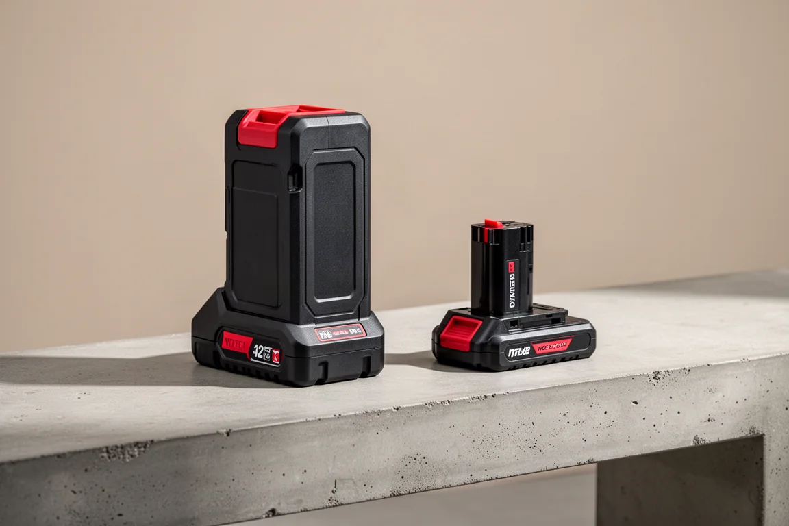 Batteriepack eines klobigen Akku-Schlagschraubers neben einem kleineren Standard-Akku