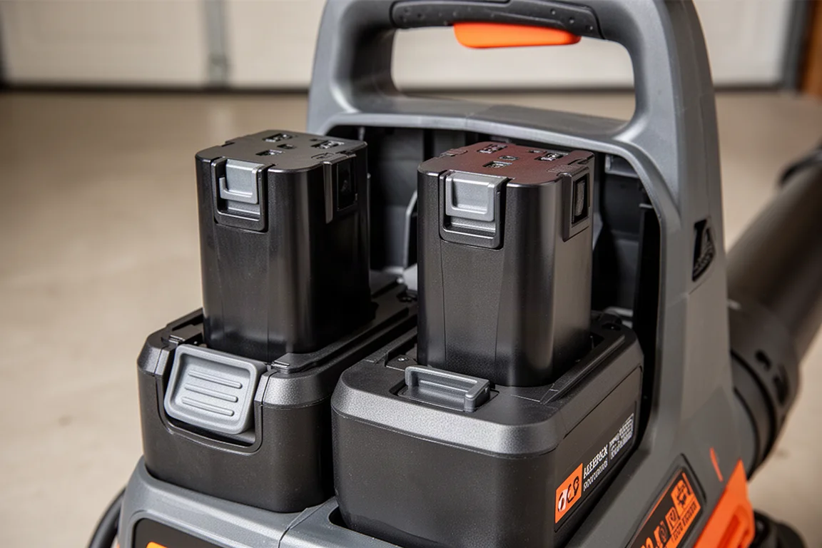 Primo piano di due batterie slide-pack affiancate alloggiate nel corpo di un soffiatore per foglie