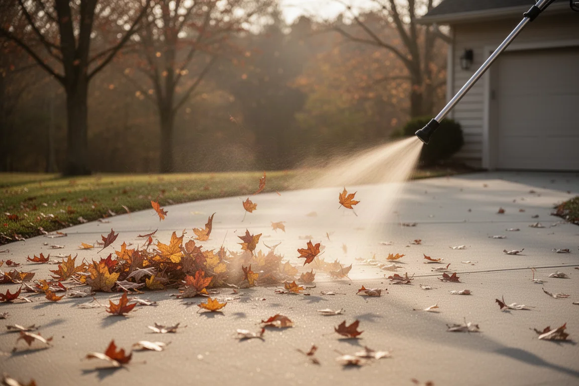 Vialetto di una casa ripulito dalle foglie nella calda luce del tardo pomeriggio