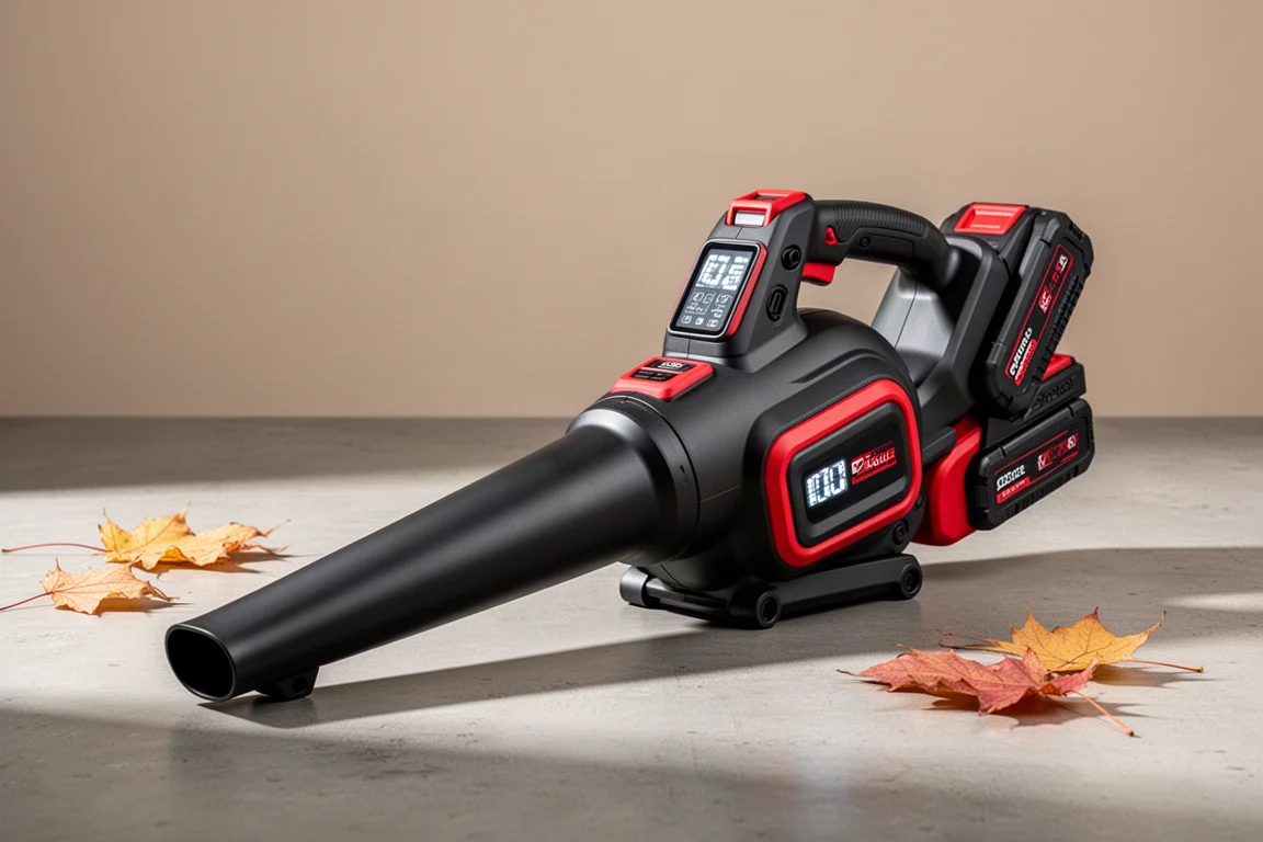 Soffiatore per foglie Milwaukee M36 36V a batteria con due batterie su superficie in cemento