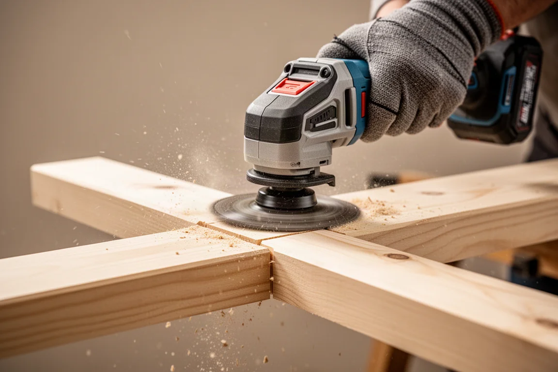 Multiherramienta realizando un corte por penetración en una tabla de madera