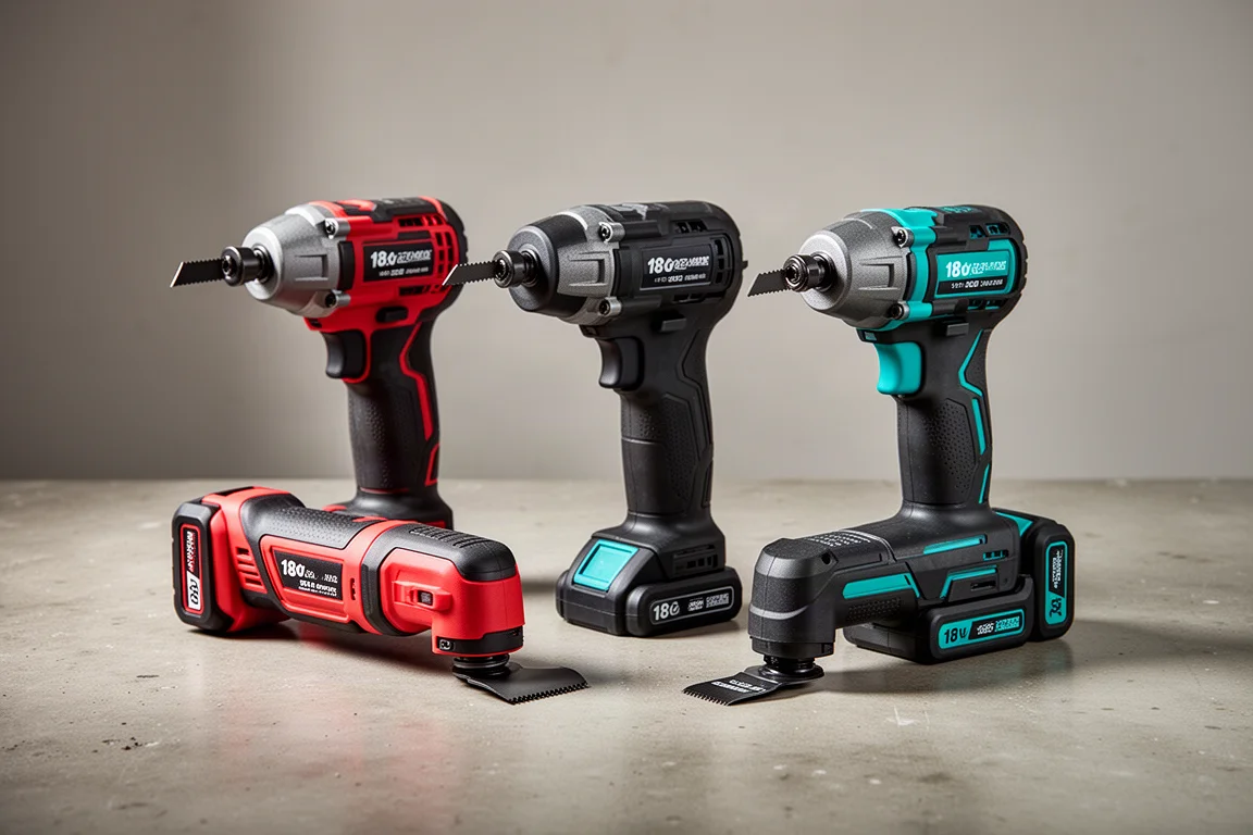 Three cordless oscillating multi-tools in red, black, and teal on a concrete surface